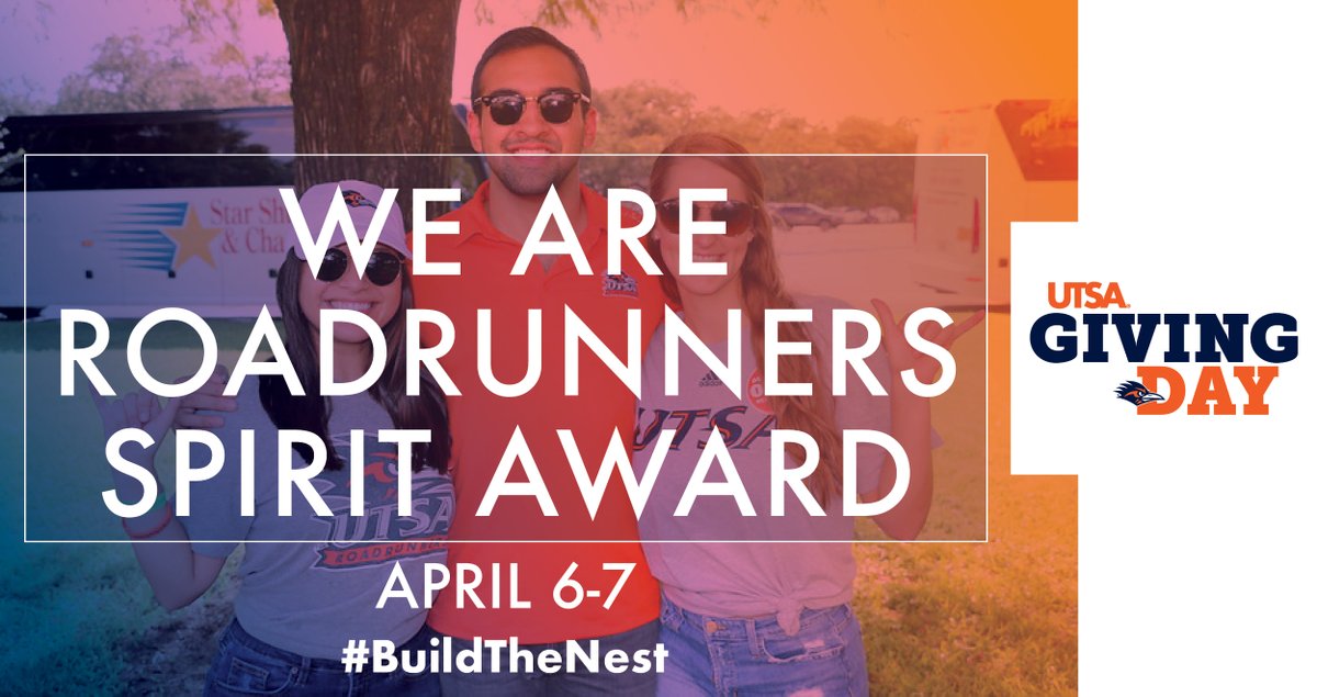 UTSAAlumni's tweet photo. We Are Roadrunners Spirit Challenge: Share a photo of your crew decked out in UTSA gear by 7pm on April 7 and include #BuildtheNest #UTSASpirit. One winner will be selected to win $250 toward the college or cause of their choice. https://t.co/uNj8cBaty6