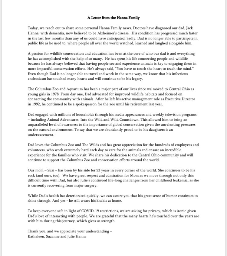 BrittBaileyTV's tweet photo. BREAKING: Jack Hanna diagnosed with dementia, believed to be Alzheimer’s Disease. Zoo announces he can no longer participate in public life. #10TV https://t.co/LQpUy8T5k0
