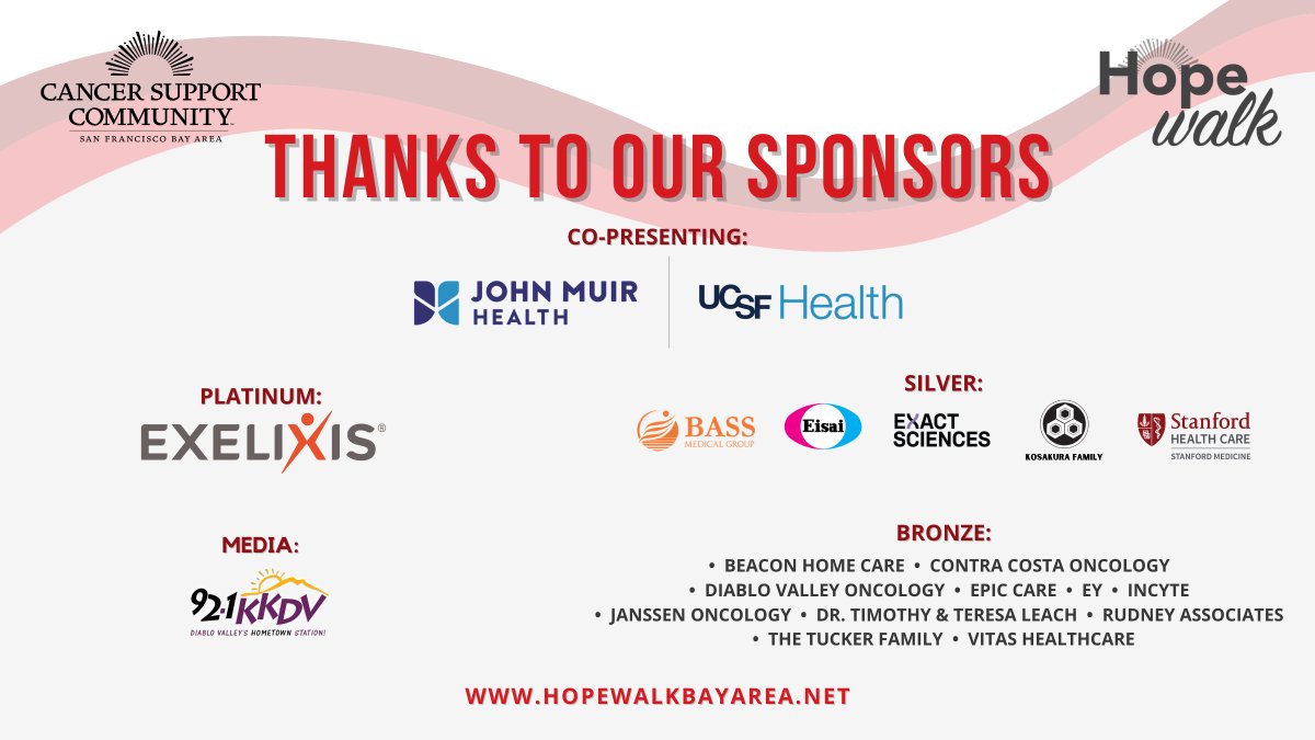 CancerSupportSF's tweet photo. Hope Walk Week is fast approaching and we'd like to take a moment to thank our generous sponsors!
There's still time to register: https://t.co/KHVp8nb6hu
#whyihopewalk #cancersupport #bayarea https://t.co/mz4bPSv7Ih