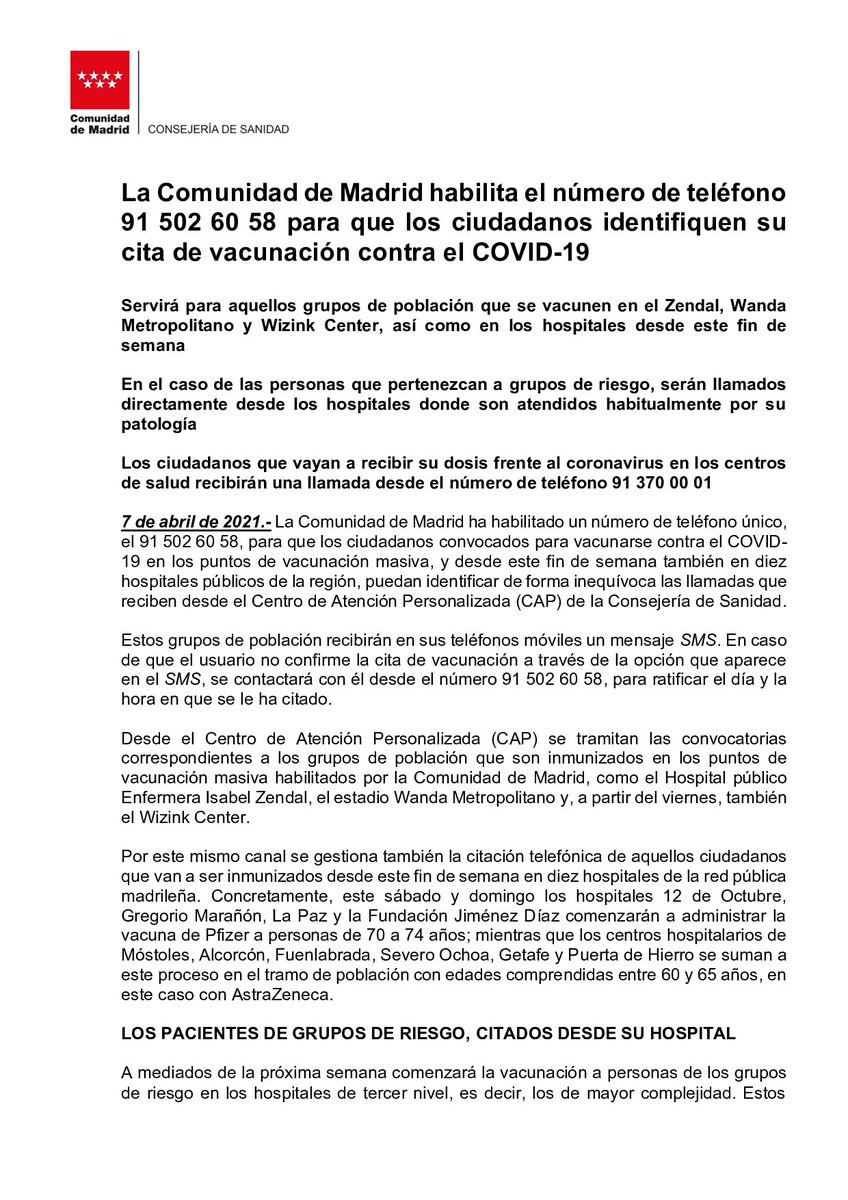 colonia Macadán Cabina Comunidad de Madrid on Twitter: "🔴 Habilitamos un número de teléfono para  que los ciudadanos identifiquen su cita de vacunación contra el COVID-19.  📲 91 502 60 58 ¡Anótatelo! https://t.co/l6kwvKagfN" / Twitter