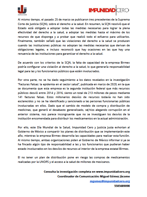 Consulta el comunicado de prensa de Justicia Justa e <a href="/ImpunidadCeroMx/">Impunidad Cero</a>: "En el #DíaMundialDeLaSalud , en riesgo la salud de millones de mexicanos por la falta de solución a la distribución de medicamentos"