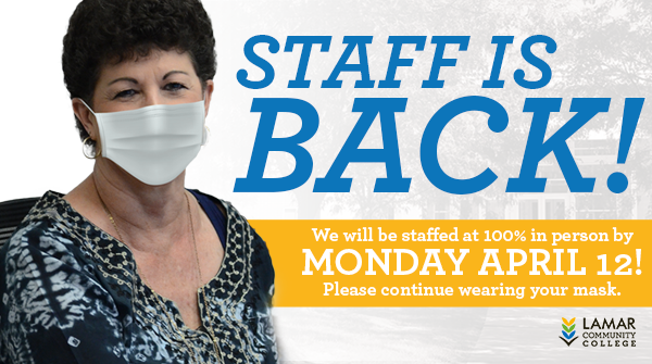 lamarcomcollege's tweet photo. Staff is returning to campus. Staffed at 100% in person by Monday, April 12th!
We are so excited to welcome everyone and get back to the fun times teaching and learning on campus at LCC! Don’t forget your masks and social distancing! Let’s all stay #LopesSafe and #LopesStrong https://t.co/O6PJQyMWw1