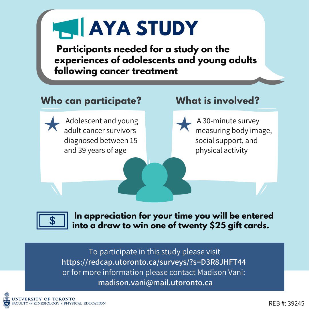 🔸Are you an #AYA cancer survivor?🔸

You could be eligible to participate in our online survey study❗️

Details below and survey link here: redcap.utoronto.ca/surveys/?s=D3R…

Please email me if you have any questions!
#YACancer #AYACSM #AYACancer #AYAWeek #AYAAware #AYAware