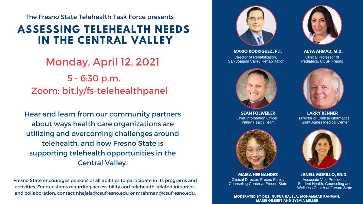 FresnoStateCHHS's tweet photo. Join our faculty and the @Fresno_State Telehealth Task Force for "Assessing Telehealth Needs in the Central Valley" featuring a panel of experts and leaders from local health care organizations.

🗓️Monday, April 12
⏲️5-6:30 p.m.
💻https://t.co/LZxLEZIFWJ https://t.co/WKfVEAq7uU