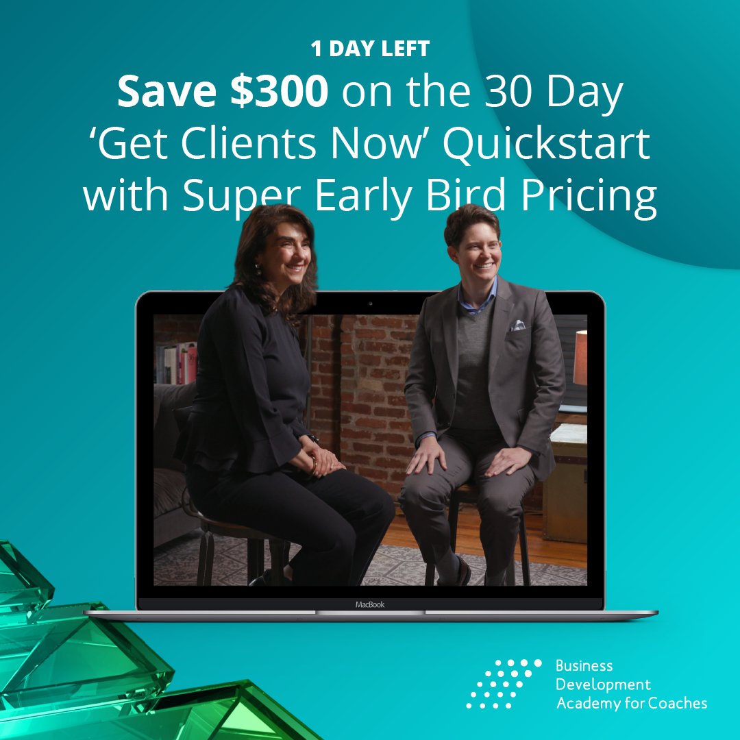mtlederman's tweet image. #24hoursleft to join me LIVE in the 30 Day #GetClientsNow Quickstart with the World&apos;s #1 Business Development Coaches, Dorie Clark and Alisa Cohn!

For the next 24 hours only, secure your spot and save $300 with Super Early Bird pricing here: coach.wbecs.com/quickstart/bnbn