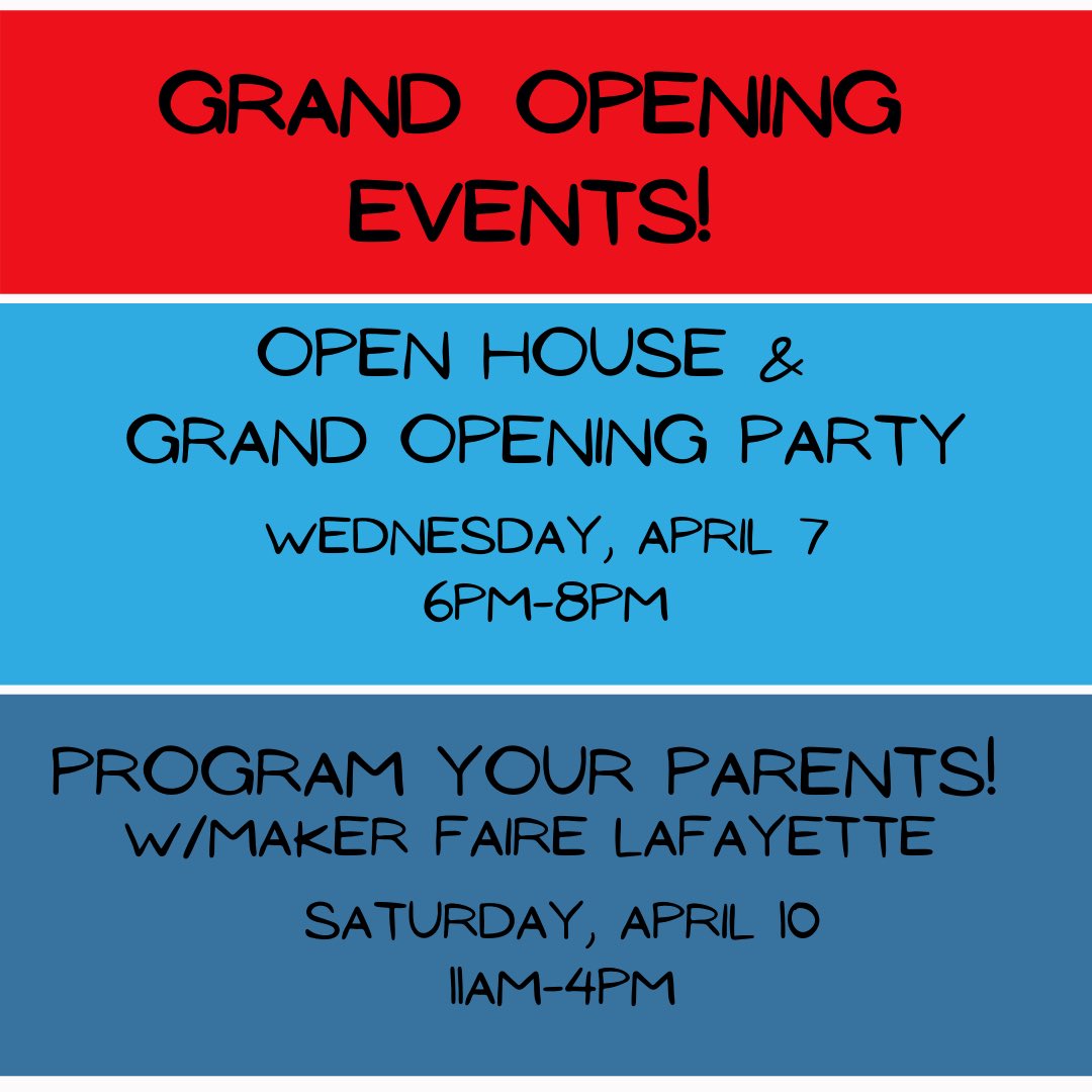 Check out Lafayette’s newest Makerspace tonight! 

Lafayette Underground Makerspace (303 Chance Street, Lafayette) has a Grand Opening Party and Open House tonight from 6-8. Drop in Saturday 11AM-4PM for a special “Program Your Parents” activity!

#makerfairelafayette #acadiana