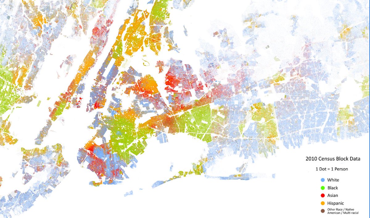stamen's tweet photo. One of the best examples of visualizing multivariate demographic data is the #RacialDotMap by Dustin Cable (@CableOnDemand) & @UVACooperCenter. Unlike most dot density maps that use aggregation, on this map 1 dot = 1 person. A staggering level of detail! https://t.co/jON9WY7T2M https://t.co/GmMHWbITse