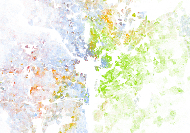 stamen's tweet photo. One of the best examples of visualizing multivariate demographic data is the #RacialDotMap by Dustin Cable (@CableOnDemand) & @UVACooperCenter. Unlike most dot density maps that use aggregation, on this map 1 dot = 1 person. A staggering level of detail! https://t.co/jON9WY7T2M https://t.co/GmMHWbITse