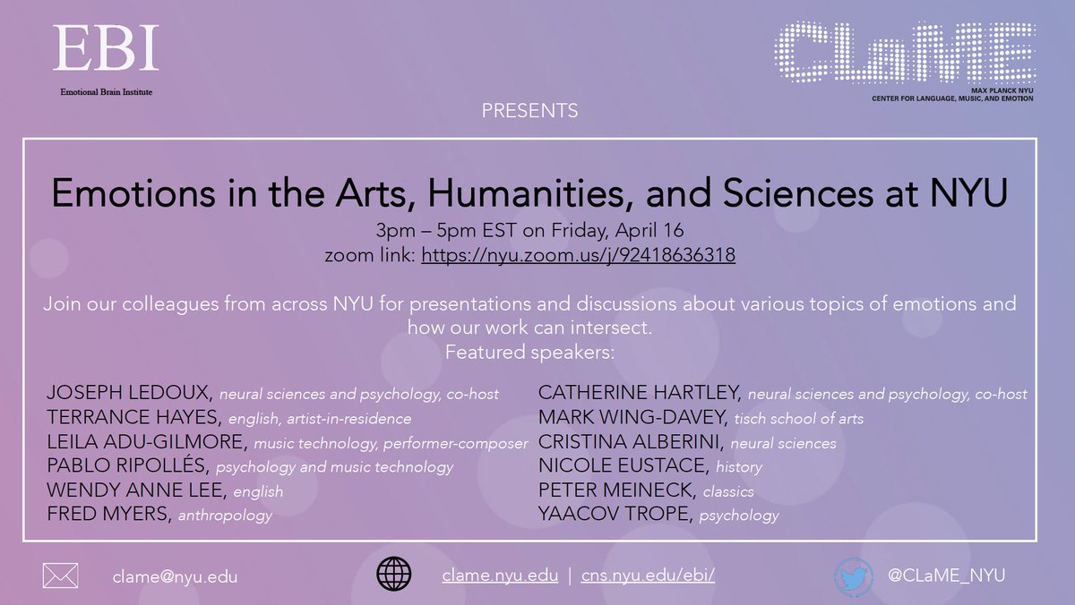 Join us &amp; the Emotional Brain Institute as we co-host a discussion- Emotions in the Arts, Humanities, and Sciences at NYU. 12 speakers discuss across disciplines- what can we learn from each other's work in exploring emotions? 4/16, 3pm EST 
clame.nyu.edu for details