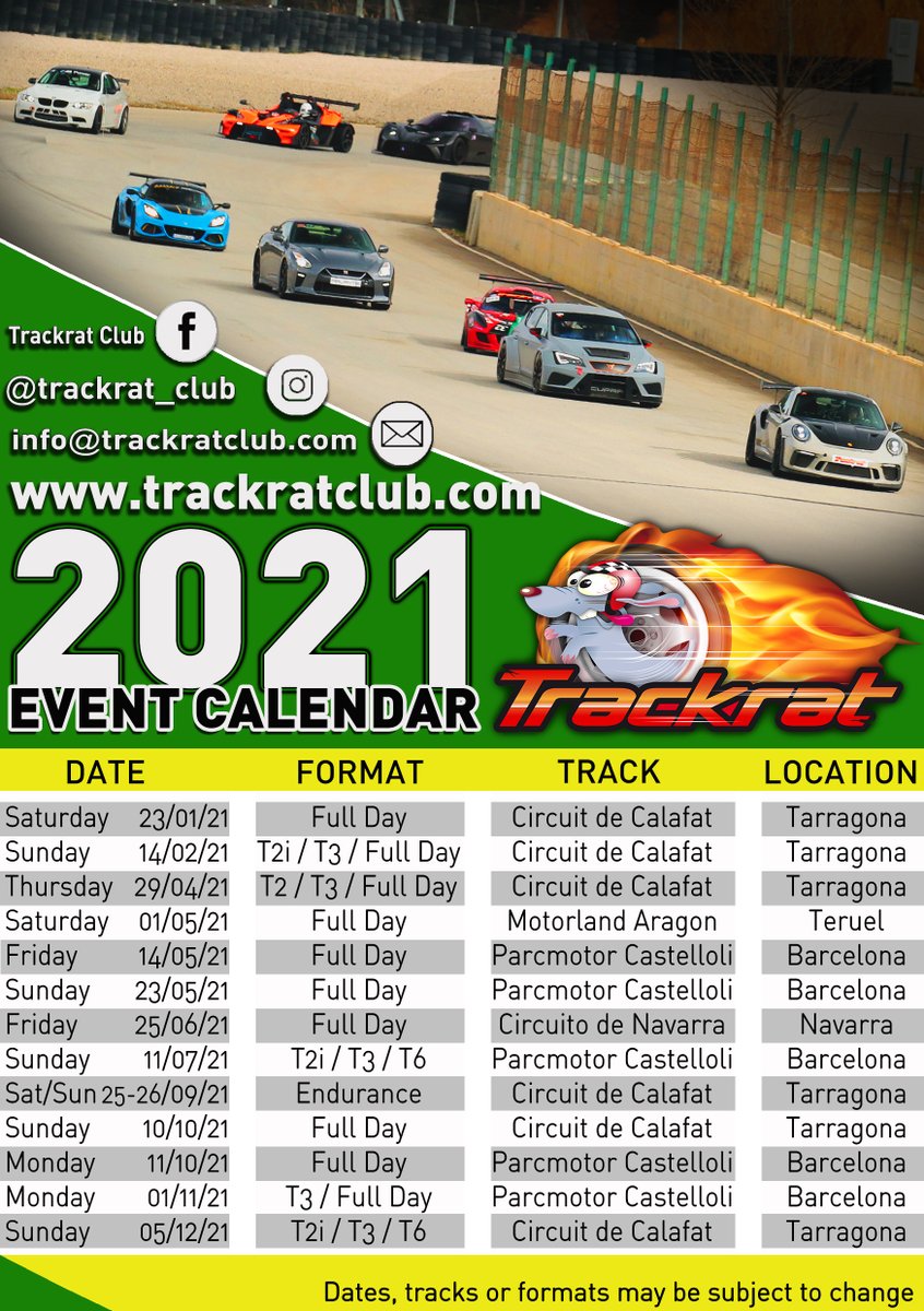 Porque creemos que mantener vivas las tandas vale la pena, seguimos luchando!

24/04 Rallycross Calafat
29/04 Circuit Calafat
01/05 Motorland Aragon
14/05 Parcmotor Castelloli
23/05 Parcmotor Castelloli
25/06 Circuito de Navarra
11/07 Parc Motor Castelloli
trackratclub.com/calendario-tra…