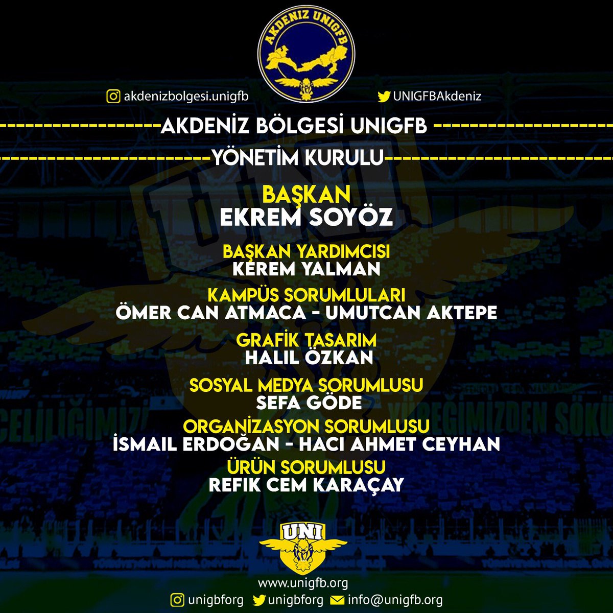 Akdenizde başladı sevdamız , ömür boyu sürecek kavgamız ! 

Akdeniz Bölgesi Universiteli Genç Fenerbahçeliler Yönetim Kurulu !