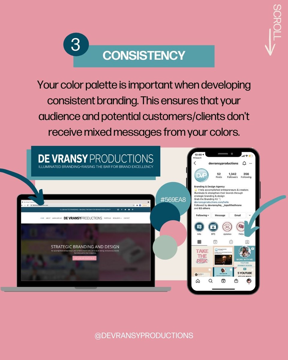 ❸ Consistency Are you using different colors with no strategy? If yes, I would suggest you change that now. Consistency in your color palette is important for branding! The same colors you use for your content graphics should be on your website, youtube, packaging, etc.