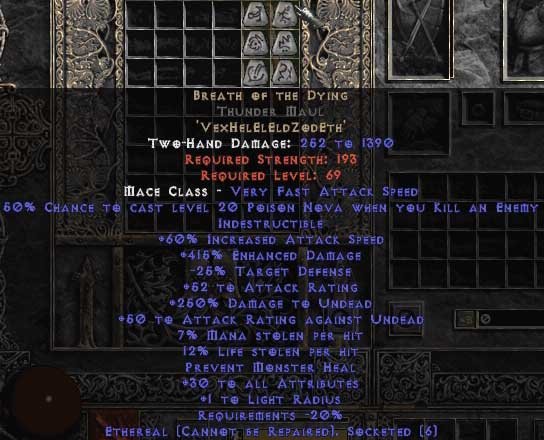 eSSentialplays's tweet photo. @Diablo The very weapon I am working towards on my #2Handed #Concentrate #Barbarian #HolyGrail run on #Diablo2 !! A Ethereal, Superior Thunder Maul with the 'Breath of the Dying' Runeword!! https://t.co/yCuiu48Nqw