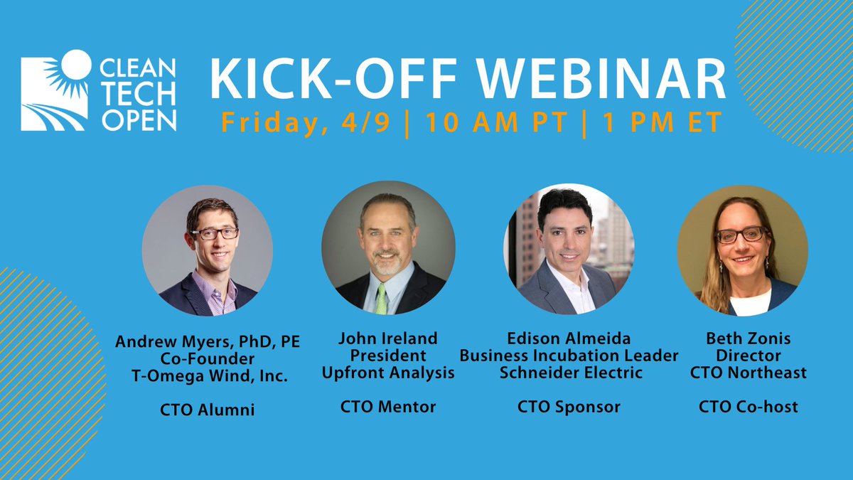 Cleantech Open (@cleantechopen) on Twitter photo Hear first hand WHY it's worth joining our <a href="/cleantechopen/">Cleantech Open</a> 2021 #Cleantech #Accelerator! Ft.:
➡️ Andrew Myers, 2020 CTO Alum T-Omega Wind
➡️ Mentor John Ireland
➡️ <a href="/almeidaed/">Edison 4.0</a>, <a href="/SchneiderElec/">Schneider Electric</a> Sponsor
Co-host <a href="/bethzonis/">Beth Zonis</a> <a href="/CleantechOpenNE/">Cleantech Open Northeast</a>
us02web.zoom.us/meeting/regist… Hear first hand WHY it's worth joining our <a href="/cleantechopen/">Cleantech Open</a> 2021 #Cleantech #Accelerator! Ft.:
➡️ Andrew Myers, 2020 CTO Alum T-Omega Wind
➡️ Mentor John Ireland
➡️ <a href="/almeidaed/">Edison 4.0</a>, <a href="/SchneiderElec/">Schneider Electric</a> Sponsor
Co-host <a href="/bethzonis/">Beth Zonis</a> <a href="/CleantechOpenNE/">Cleantech Open Northeast</a>
us02web.zoom.us/meeting/regist…