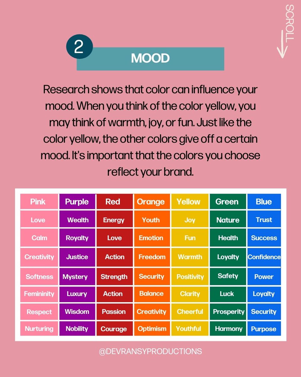 ❷ Mood Did you know that colors set a certain mood? Each color brings about a different feeling. Pink gives off femininity, purple resembles luxury, red makes us feel strong, and the list goes on. Be strategic when choosing your color palettes!