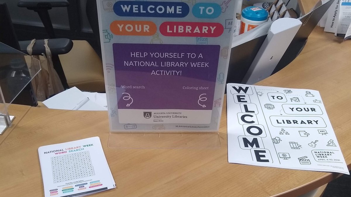 AUG_Libraries's tweet photo. Stop by the Information Desk at Reese Library to pick up a National Library Week word search or coloring sheet!
#augustauniversitylibraries #NationalLibraryWeek https://t.co/94UkKpH8We