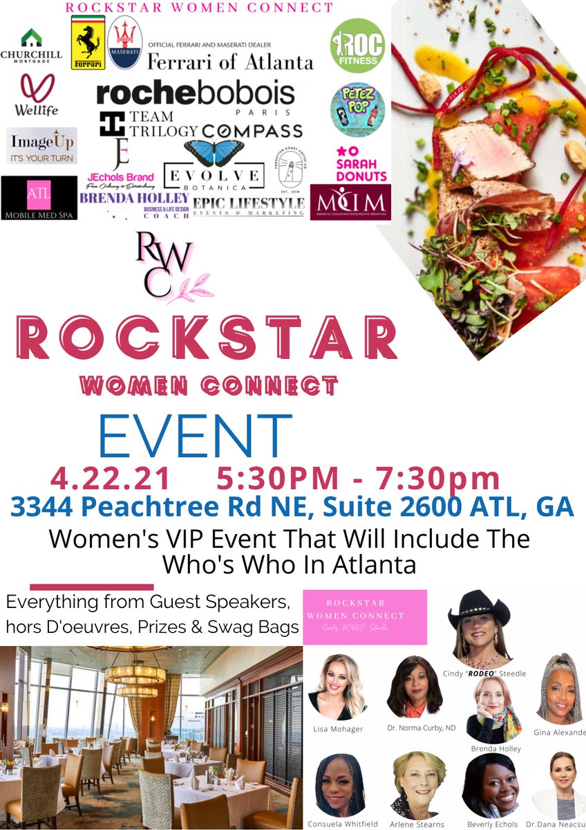 cindyrodeo's tweet photo. ROCKSTAR WOMEN CONNECT EVENT
Register NOW 
https://t.co/TTAqJS4Oie

APRIL 22nd 5:30PM - 7:30PM
3344 Peachtree Rd NE, Suite 2600 Atlanta, GA

EVERYTHING from Guest Speakers, Hor D'oeuvers, Prizes, VIP Swag Bags https://t.co/5JwH5XBMi7