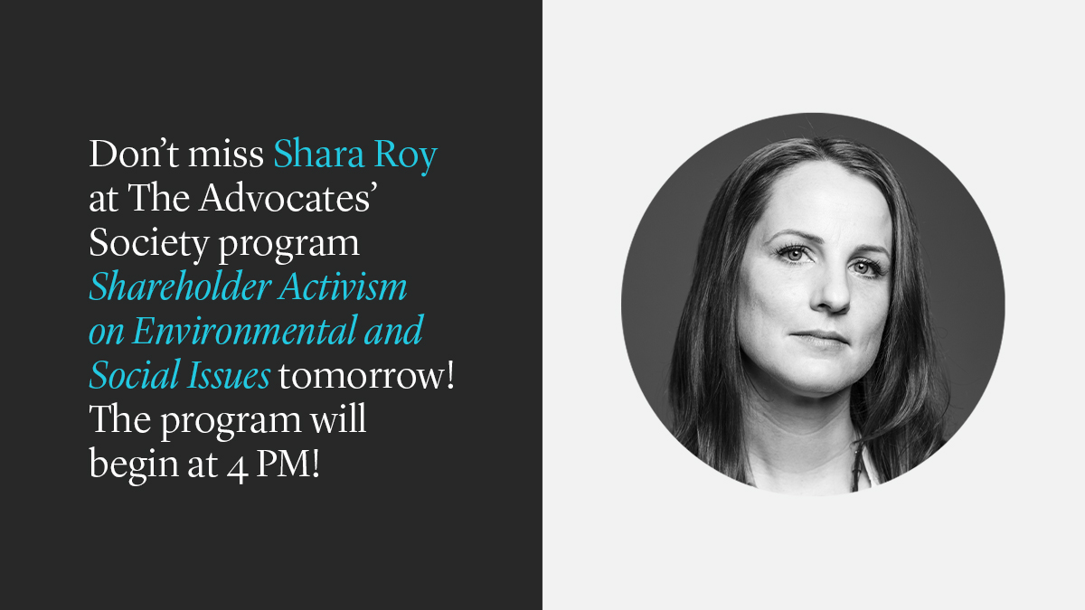 .<a href="/SharaRoy/">Shara Roy</a> is looking forward to leading tomorrow’s <a href="/Advocates_Soc/">Advocates' Society</a> program on the environmental, social and governance issues in #securities litigation! Register here: ow.ly/4iPw50EcrvH