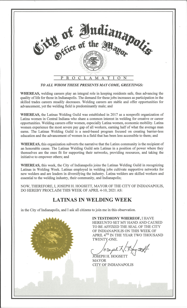 AWS is excited to announce that the City of Indianapolis has joined with the Latinas Welding Guild in recognizing Latinas in Welding Week (April 4-10) and Women in Welding Month (April 2021). 

🔹⁠ ⁠

#americanweldingsociety #weldingisAWSome #nwm2021 #LatinasInWeldingWeek
