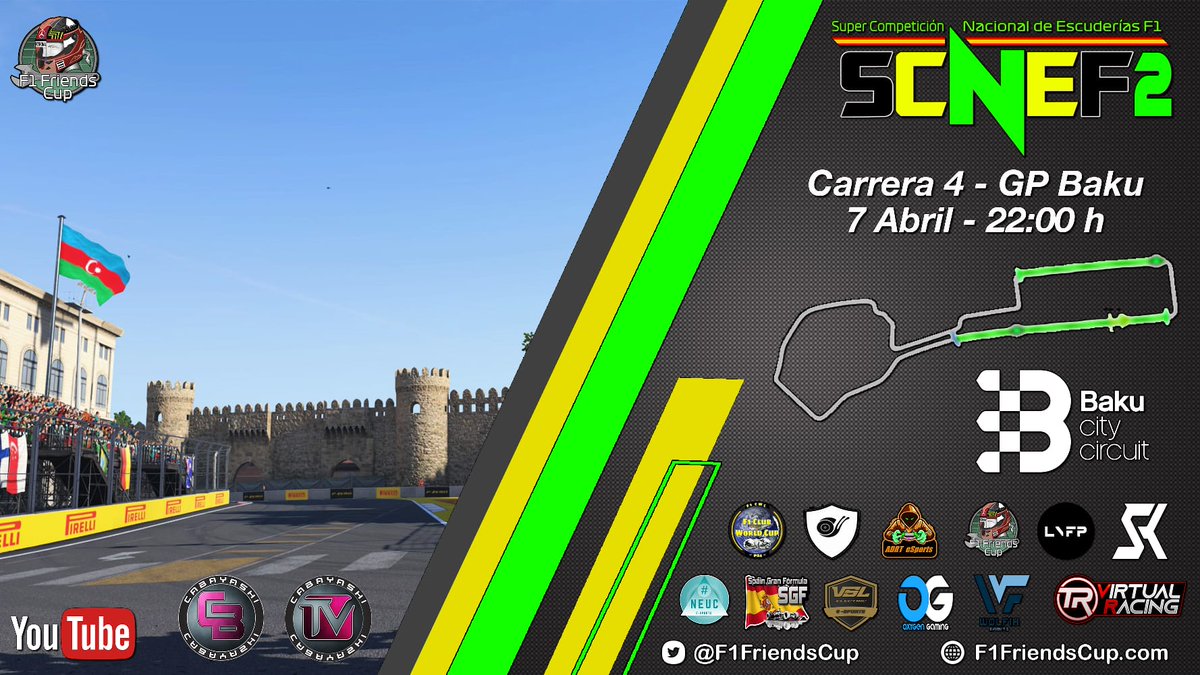 🌙 ¡¡NOCHE DE SCNEF2!! A partir de las 22:00 horas vivimos la cuarta carrera de la temporada, esta vez desde Bakú, hoy turno del GP Azerbaiyán.

📺 Te lo cuenta en directo <a href="/Cabayashi/">𝓒𝓪𝓫𝓪𝔂𝓪𝓼𝓱𝓲</a> en su canal de Youtube. 

☘️¡¡Mucha suerte a todos los pilotos!!