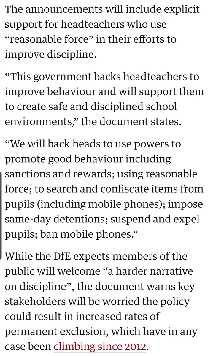 1/ Crackdown on behaviour, banning mobile phones, where have I heard this before?Leaked DfE policy discussion document August 2019.The one that talked of backing "reasonable force" to improve discipline, and measures likely to see an increase in exclusion