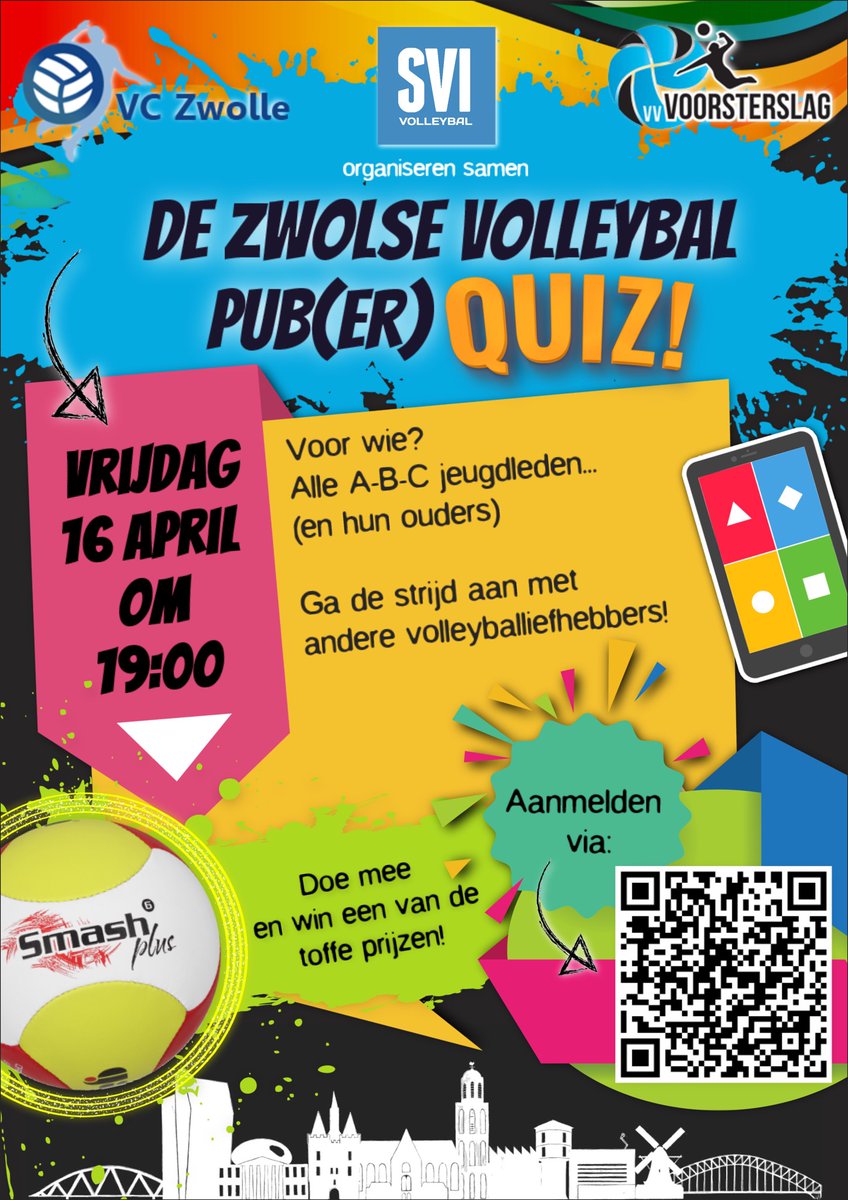 Doe jij ook mee met de Zwolse Volleybal Quiz op 16 april?
De A, B en C-jeugd kan zich via de QR-code aanmelden. 
Meld je snel aan, want er zijn prijzen te winnen!
