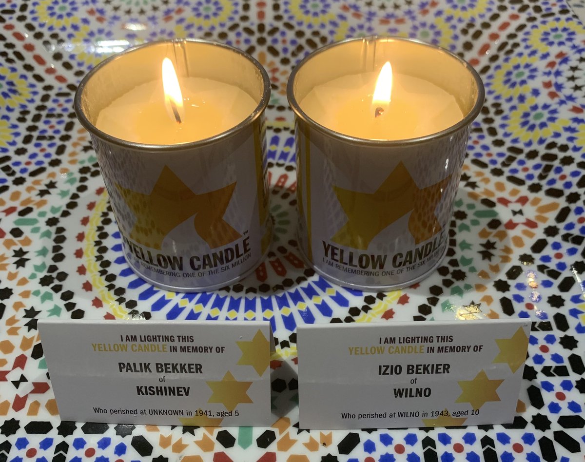 jackitoart's tweet photo. Tonight to mark #YomHaShoah we light 2 candles in memory of Izio Bekier of Wilno who perished at Wilno aged 10 and Palik Bekker of Kishinev who perished at the age of 5. #neverforget #yellowcandle @YellowCandleUK 
#maccabigb @yomhashoahuk @maccabigb https://t.co/yIJ93s0QXX