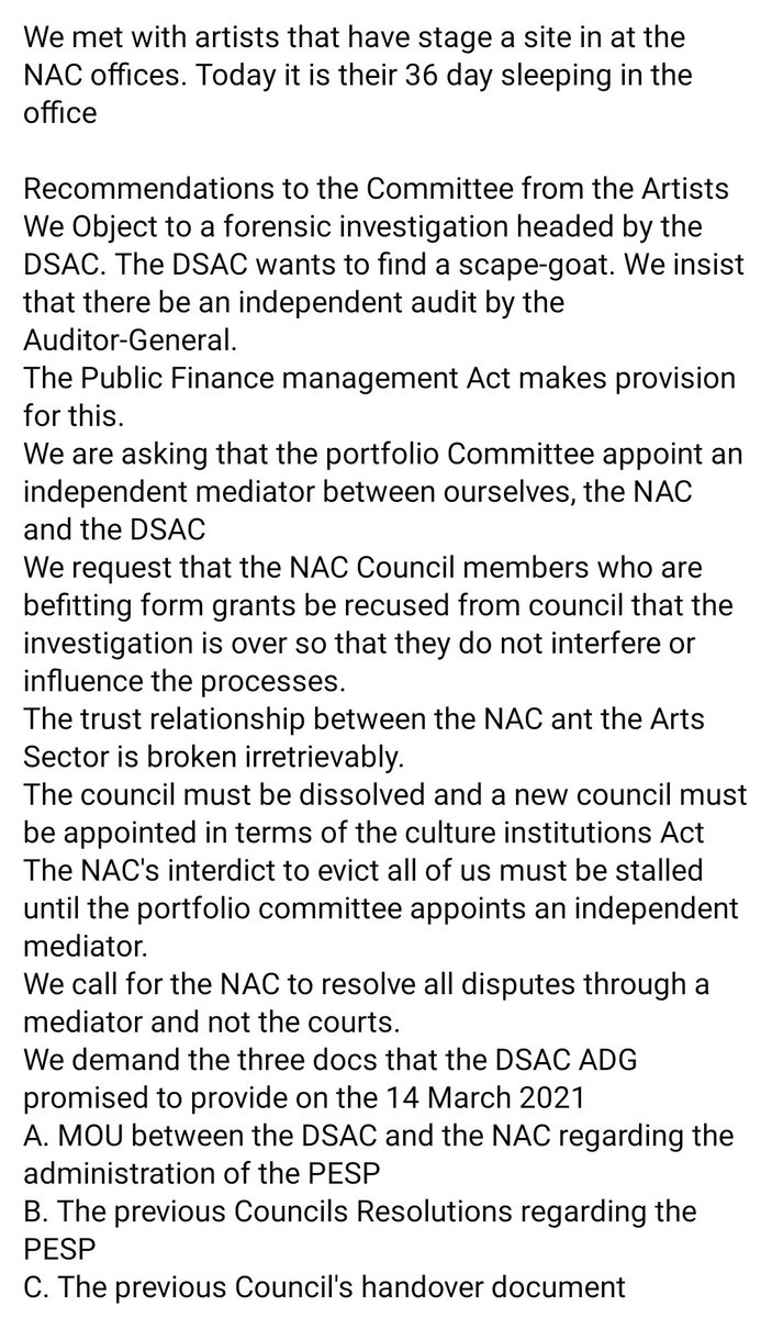 tsepomhlongo's tweet image. We had a successful 
oversight visit at the @nacsouthafrica
We engaged directly with the artists that staging the sit-in . We hope that the @NathiMthethwaSA will also do the honourable thing. We have noted their demands.We support the artists @SibongileMngoma @nyathelaf