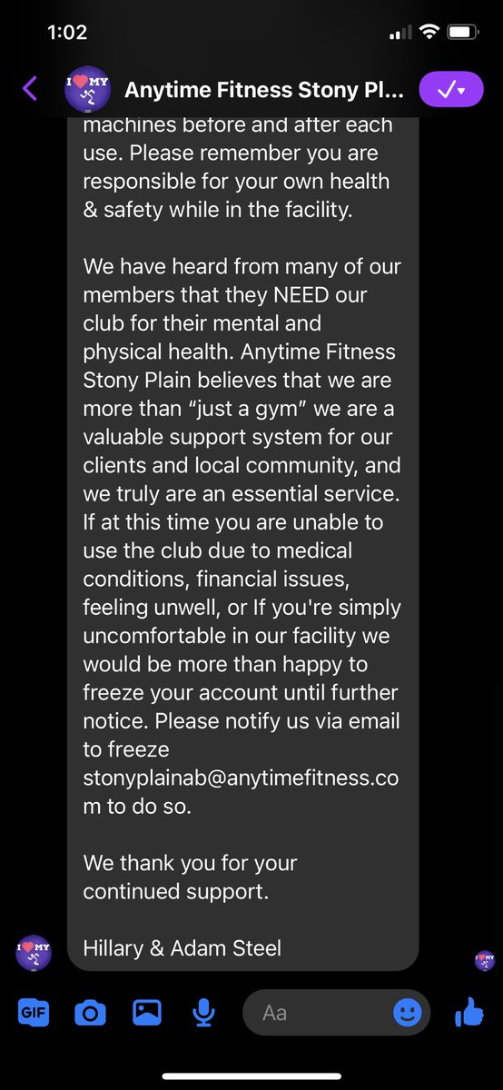 AwhAnd13's tweet photo. I was told about #anytimefitness in Stoney Plain this morning.    I could not believe that they would do what I was told they were doing.   I messaged them to find out if they were about to find a way around the Alberta Health Service rules to combat COVID.  Below is there reply. https://t.co/1EGtHQaiQk