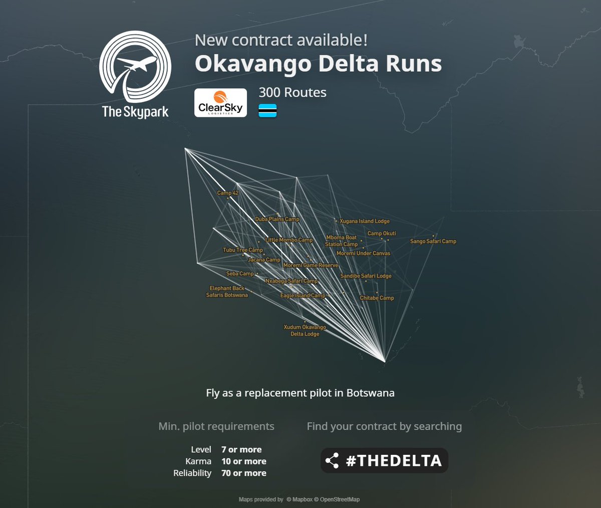 SimWorksStudios's tweet image. Due to the increased numbers of tourists visiting the delta, ClearSky Logistics is looking for more pilots to fly supply runs.

The Skypark by @Parallel42LLC now covers the Okavango Delta, taking the experience to a new level!