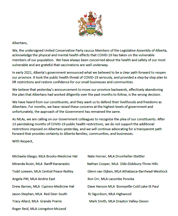 Drew__Barnes's tweet photo. A Statement from 15 UCP MLAs to all Albertans. #ableg #medhat https://t.co/G22ssFs7aN