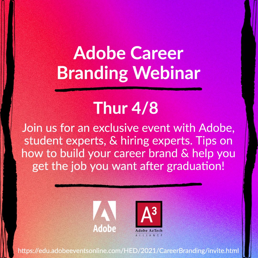 ATTN STUDENTS: A career brand is how you present yourself to the world to communicate your purpose &amp; mission. What comes up when you Google yourself? Join us TOMORROW for an exclusive event with Adobe, student experts, &amp; hiring experts!
FREE Registration: edu.adobeeventsonline.com/HED/2021/Caree…