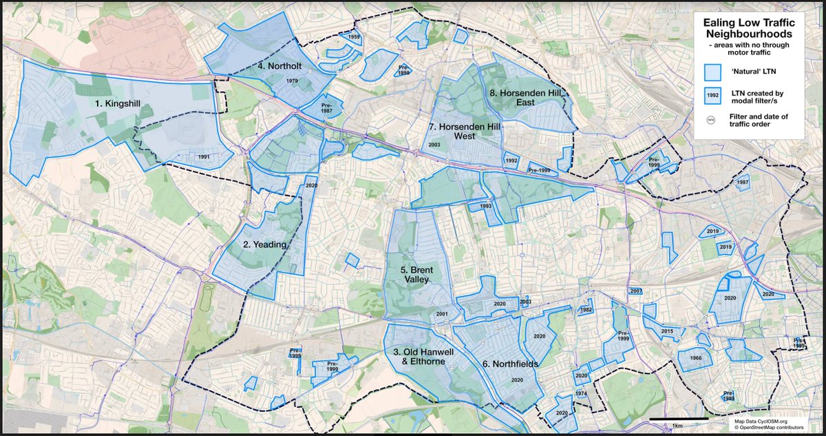 A really interesting new map of #Ealing's Low Traffic Neighbourhoods (#LTN) that sets the new 1s in the context of other older 1s in the boroughs. These are core parts of many #Wheeling or #Walking routes. #LTN #ActiveTravel #InclusiveTravel #Cycling  ealingcycling.org.uk/2021/04/ealing…