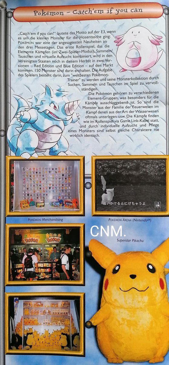 ClubNintendoMem's tweet photo. Bevor #Pokémon seinen Siegeszug im Westen antrat, wurde es im Mai 1998 bei der @E3 vorgestellt. Der Slogan damals noch: Catch'em if you can! Das Plüsch-Pikachu: gewöhnungsbedürftig. #ClubNintendo, August 1998. https://t.co/Zuhs2HOGpy