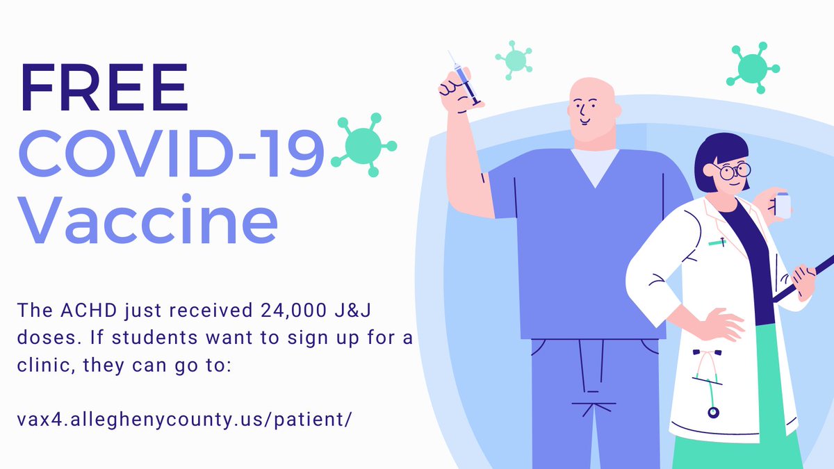 Allegheny County Department of Health received doses of the Johnson &amp; Johnson vaccine. Interested students can schedule: vax4.alleghenycounty.us/patient/