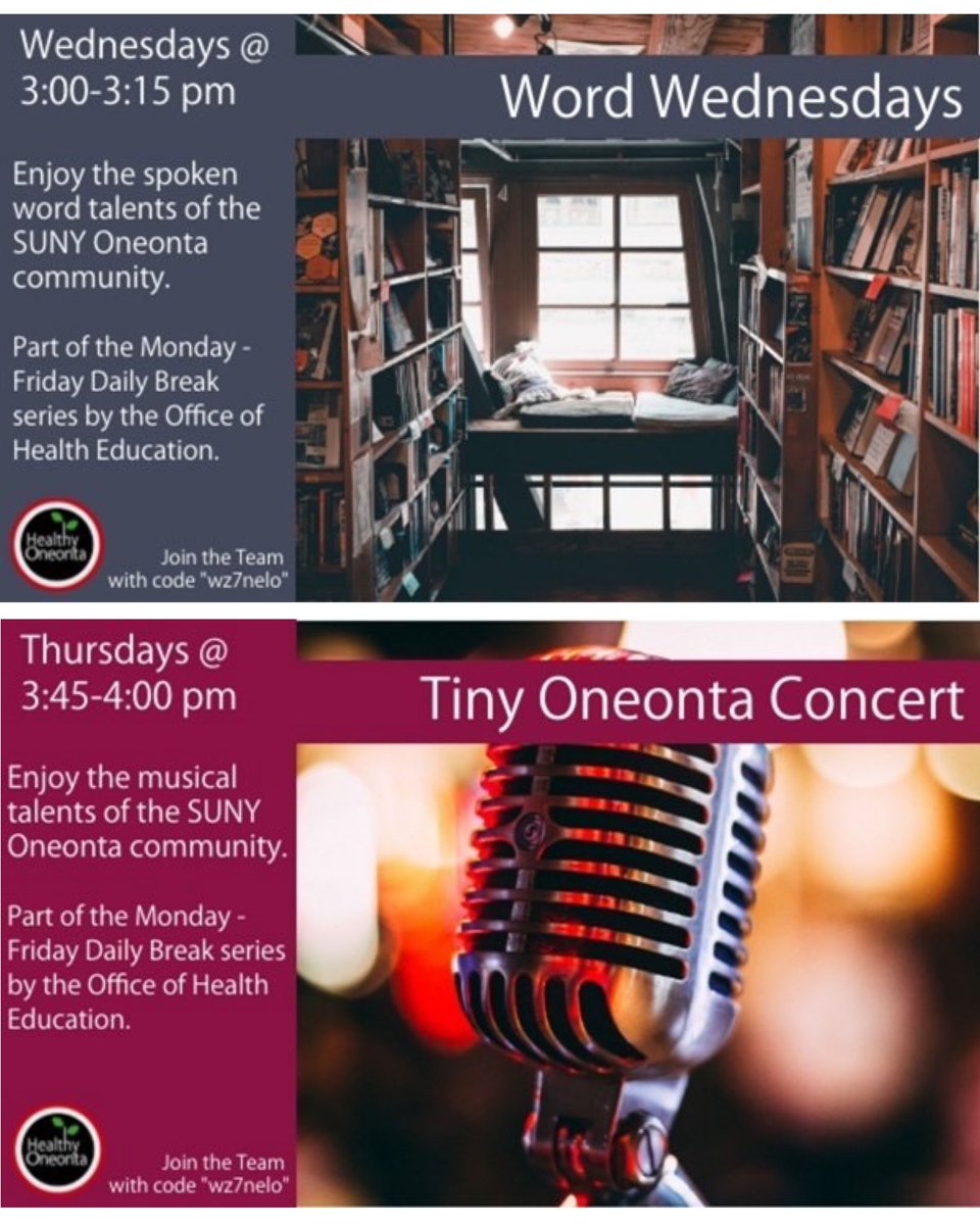 TheStateTimes's tweet image. Did you know that the Office of Health Education hold “Word Wednesday” and “Tiny Oneonta Concert Thursday” every week as part of their Daily Break series? Click the link in our bio to find out more about these events and how students can contribute their work!