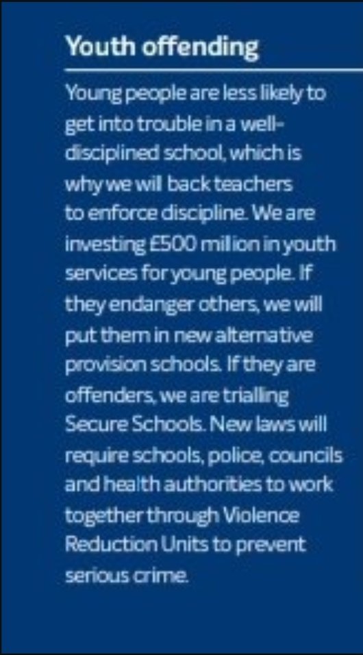 4/ Besides fudging funding figures, the GE19 Tory Manifesto was pretty light on education,there was as much about students and schools in the Law and Order section of manifesto as educationRealising their policies may lead to more exclusions, they have an answerSecure Schools