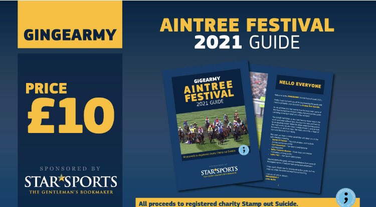 Our Gingearmy Aintree festival guide is ready to go. 

For £10 donation to Stamp Out Suicide you get this in depth guide with plenty of tips across all 3 days. 

EVERY PENNY goes to support Stamp Out Suicide who do an amazing job. 

Link: stampoutsuicide.co.uk/events.php

#GrandNational