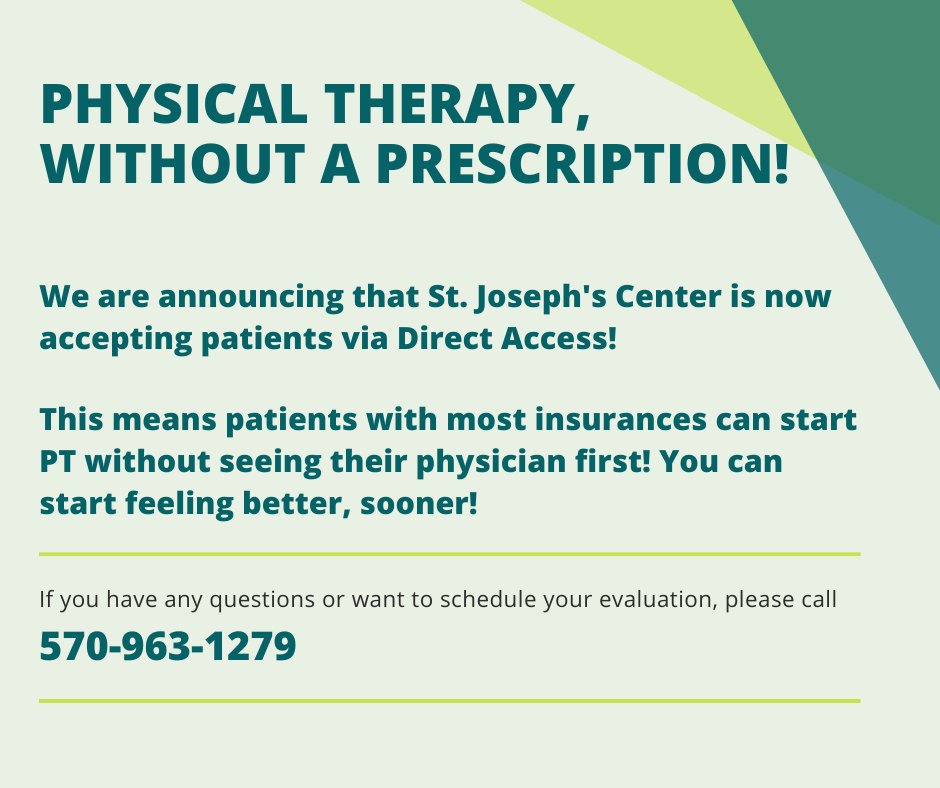 St_Joes_Center's tweet photo. St. Joseph's Center's Outpatient Physical Therapy is now seeing patients via Direct Access! You will be evaluated by our Doctor of Physical Therapy and, if needed, start receiving treatment right away!

Call us at 570-963-1279 for more information or to schedule your appointment! https://t.co/Tj4lCnWuz5
