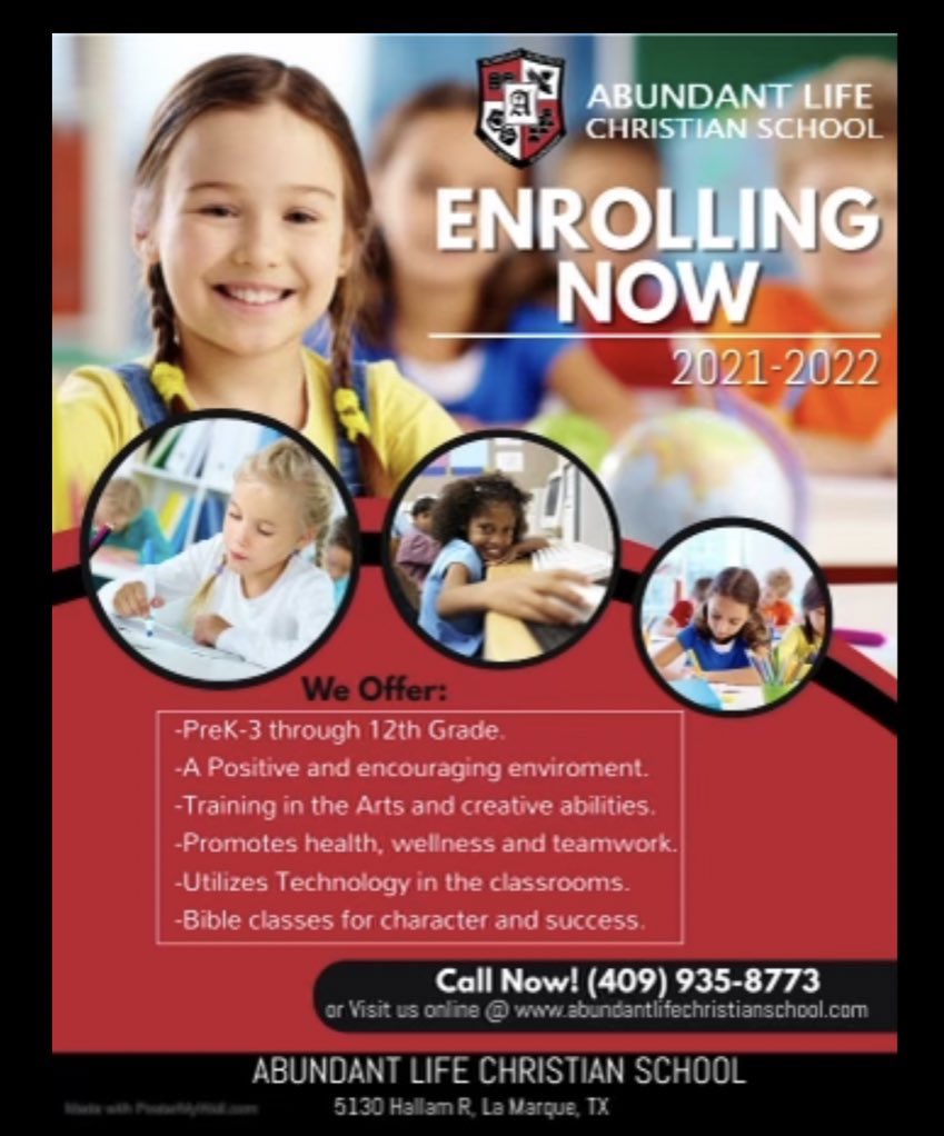 alcs_tx's tweet photo. Is it time to make a change? Abundant Life Christian School could be your answer. ALCS is a small private school with a great atmosphere, caring teachers &amp; a heart for children. PreK-12th grade. Call for information 409-935-8773. abundantlifechristianschool@alcc.org. https://t.co/O5ZF27VwxI