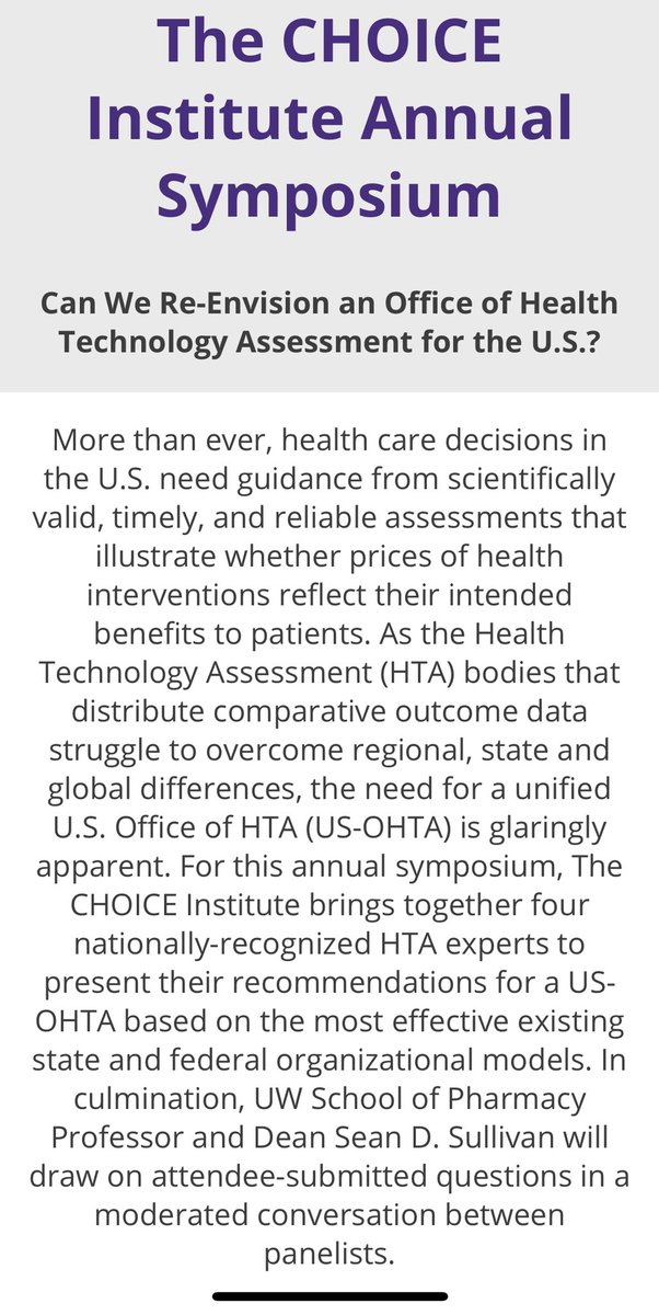 Anirban Basu (@basucally) on Twitter photo #UWCHOICE Inst Annual Symposium virtually on Apr 29, 2-3.30pm PT
Can We Re-Envision an Office of Health Technology Assessment for the U.S.?
<a href="/RESachs/">Rachel Sachs</a> <a href="/gailwilenskycom/">Gail Wilensky</a> Mark McClellan <a href="/DukeMargolis/">Duke-Margolis</a> & Lou Garrison, moderated by Sean Sullivan
<a href="/UW_Pharmacy/">UW School of Pharmacy</a>
events.uw.edu/CHOICE #UWCHOICE Inst Annual Symposium virtually on Apr 29, 2-3.30pm PT
Can We Re-Envision an Office of Health Technology Assessment for the U.S.?
<a href="/RESachs/">Rachel Sachs</a> <a href="/gailwilenskycom/">Gail Wilensky</a> Mark McClellan <a href="/DukeMargolis/">Duke-Margolis</a> & Lou Garrison, moderated by Sean Sullivan
<a href="/UW_Pharmacy/">UW School of Pharmacy</a>
events.uw.edu/CHOICE