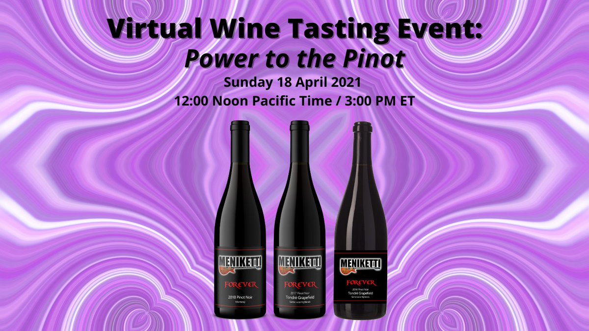 Only a few spots left for our Sunday, April 18 Virtual Wine Tasting Event: Power to the Pinot w/Meniketti #Wines 2016-2018 FOREVER Pinot Noir. Last month's event was a blast! We all laughed, cried, &amp; sang along w/Dave!

Who's gonna snag these last spots?

menikettiwines.com/shop/