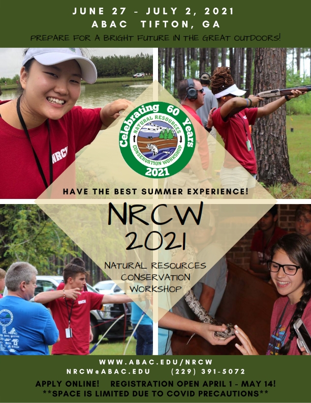 Registration for the Natural Resources Conservation Service (NRCW) is now open at abac.edu/nrcw.
NRCW gives Georgia's 10th,11th, and 12th grade students insight on the value, protection, and conservation of Georgia’s wildlife, forestry, soil, and water resources.