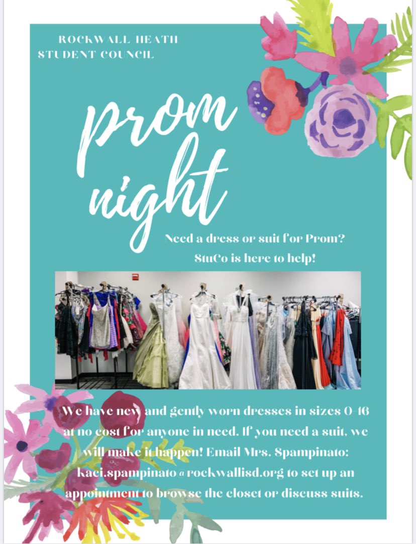 Prom is right around the corner- May 14th!

If you need a dress or a suit, we want to help! Check out the flyer below.  Email Mrs. Spampinato if you have any questions or you’d like to browse the closet. Kaci.spampinato@rockwallisd.org