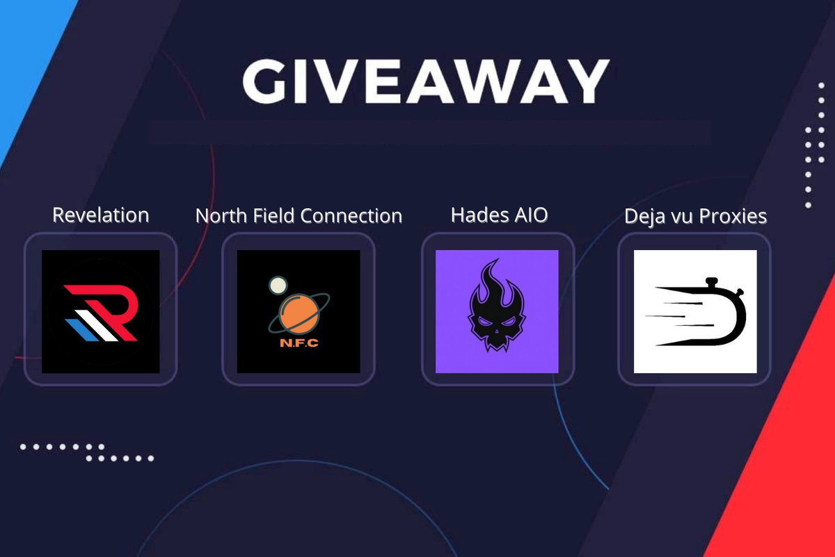 Hustlersvault's tweet photo. GIVEAWAY 

Prizes
1 key to @revelation_CG
1 key to @AioHades
1 GB from @DejavuProxies
1 month key to @northfieldkicks

To enter
-Follow all accounts
-Like &amp; Retweet
-Tag 2 friends 

Join revelation restock server! 
https://t.co/MtlCJtKV1Y

Winner announced
4/12/21 8pm est https://t.co/TGpuOGKHOM