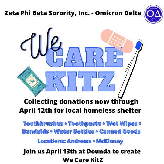 We love service! We will be collecting donations for our local homeless shelter in Charleston. The list of items accepted is on the flyer. We will be making the WeCare KitZ Tuesday, April 13th. Join us for a good cause and don’t forget your mask 💙🤍 
#zhope #service #glrzetas