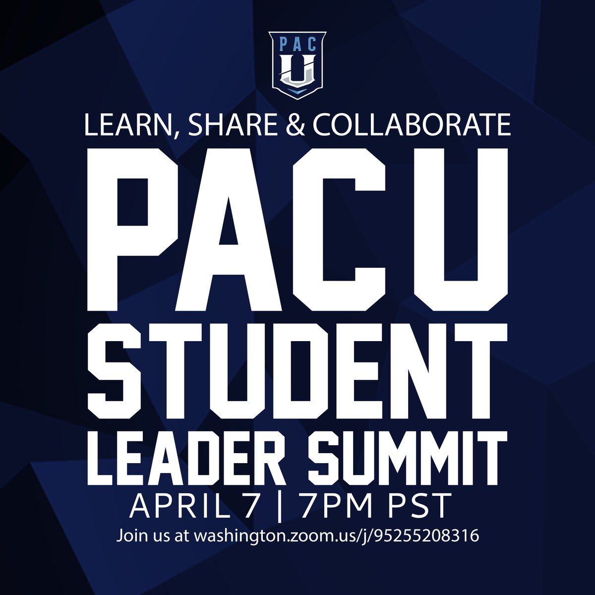 👀 Reminder that tonight is the Pac-U Student Leader Summit.   

All students from the Pac-U (Pac-12) schools are invited so please spread the word and we hope to see you there.  washington.zoom.us/j/95255208316

#PacUGaming //  #BackThePacU