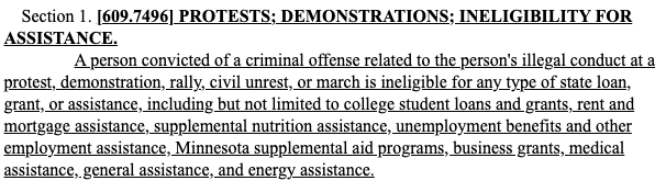 CallaghanPeter's tweet image. MN Senate bill would deny state grants, loans or aid to those convicted of crimes related to protests, marches or civil unrest. Sponsor is Sen. David Osmek, R-Mound.
