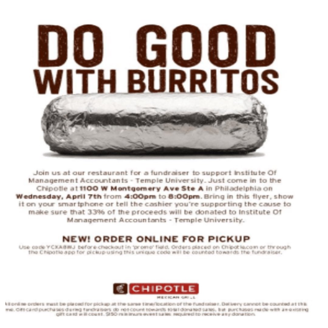 Reminder that IMA is having a fundraiser. If you are in Philly area, get yourself some food at Chipotle help support us! All you have to do is tell the cashier that you are there to support IMA or you can just show them this picture!