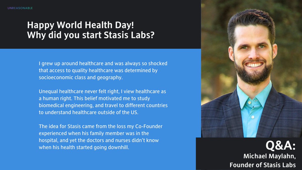 Unreasonable (@unreasonable) on Twitter photo #WorldHealthDay Q&A with <a href="/stasislabs/">Stasis Labs</a> — They're accelerating healthcare, with proactive patient care in mind, by creating an FDA cleared, remote patient monitoring system for patient care. #WorldHealthDay Q&A with <a href="/stasislabs/">Stasis Labs</a> — They're accelerating healthcare, with proactive patient care in mind, by creating an FDA cleared, remote patient monitoring system for patient care.